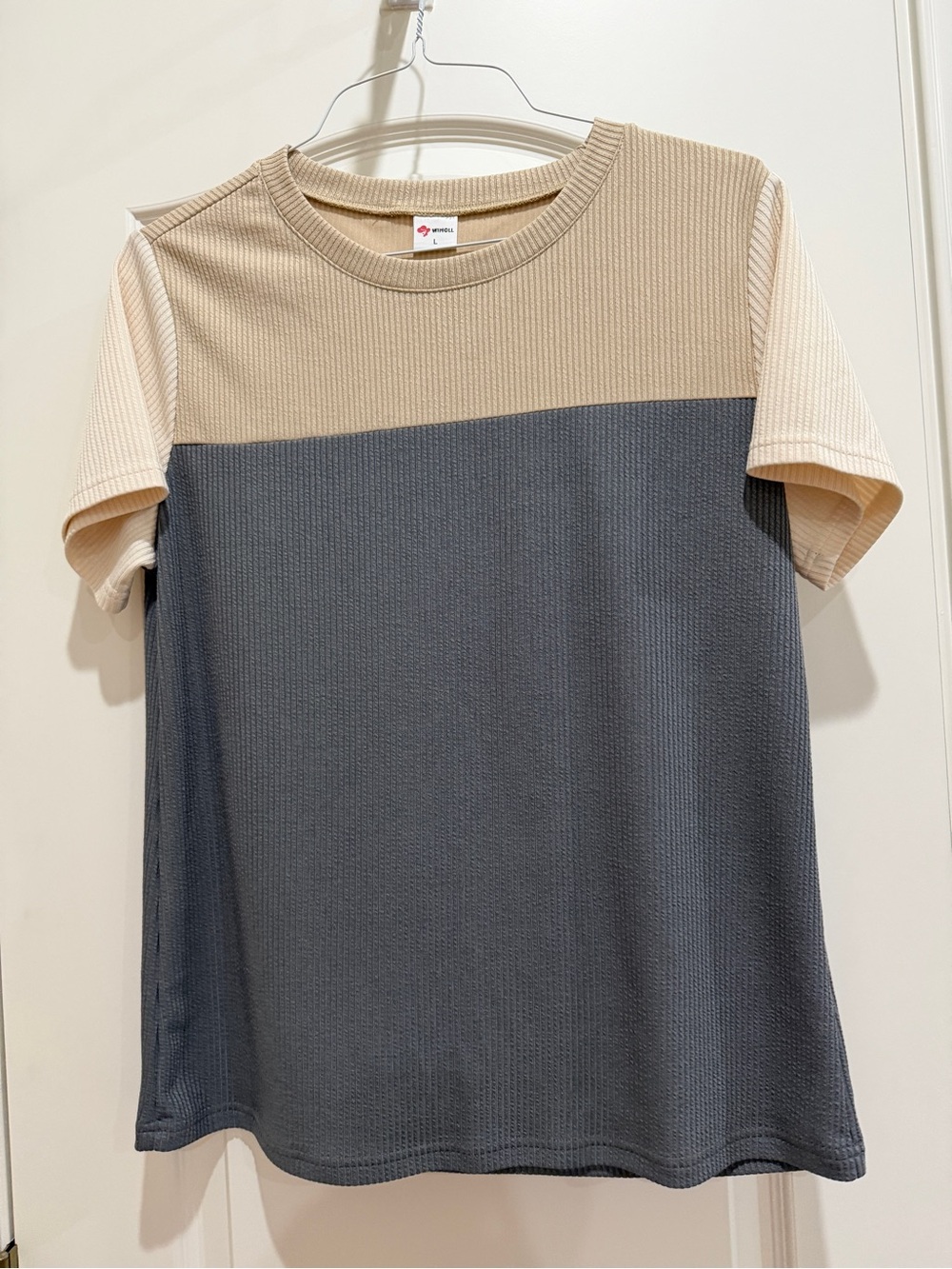 Women’s Large Wiholl Two-Tone Waffle Knit Jersey Top Beige Tan Gray Short Sleeve